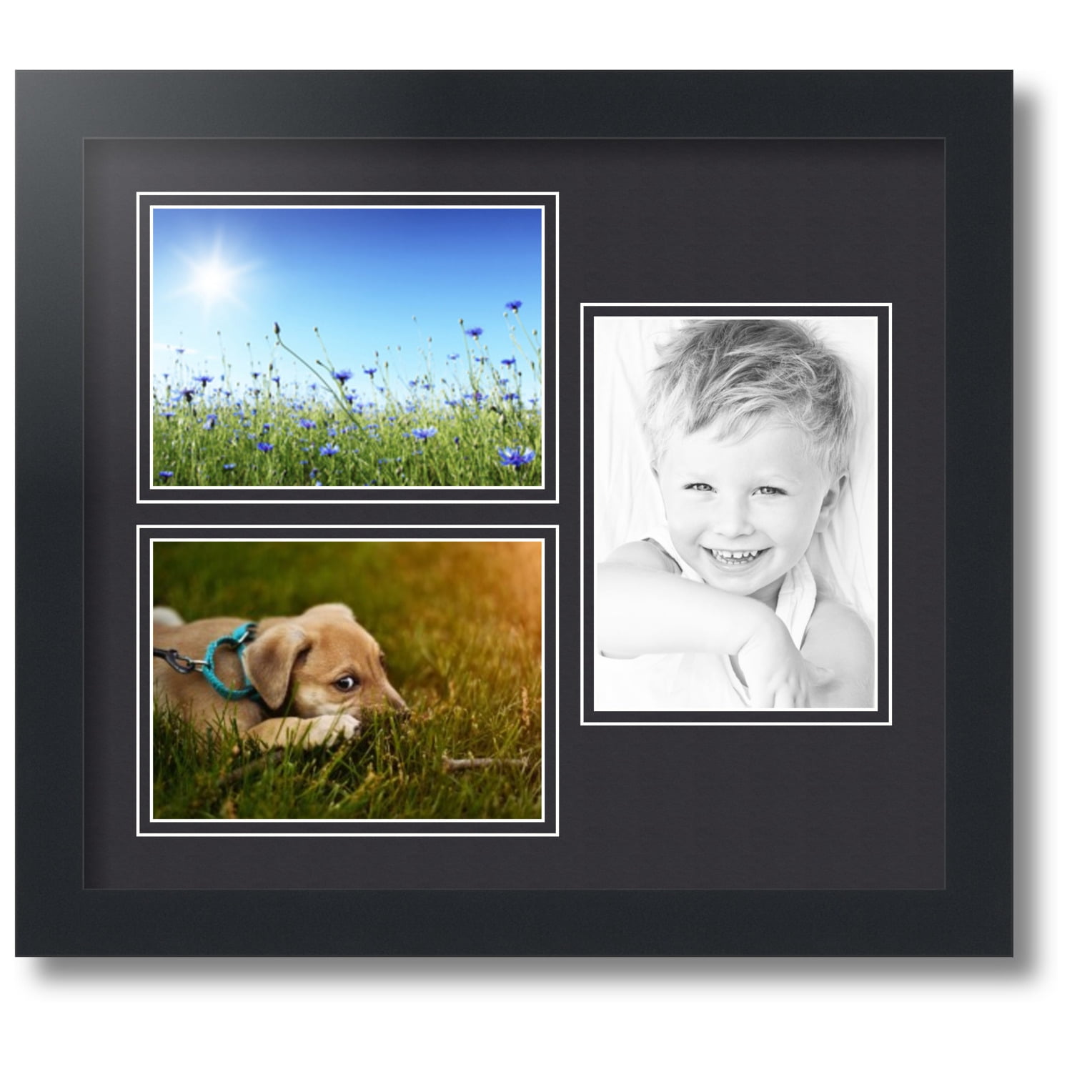 ArtToFrames Collage Photo Picture Frame with 3 5x7 Openings, Framed in Black with Black and