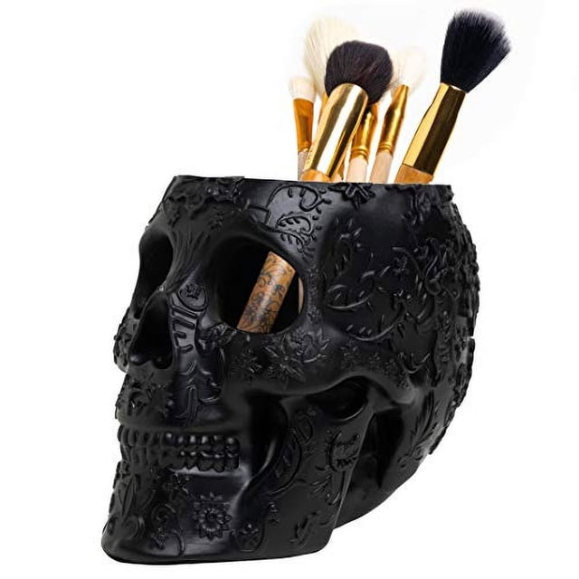 Porta pinceles y bolígrafos de maquillaje The Wine Savant con forma de cráneo negro extra grande