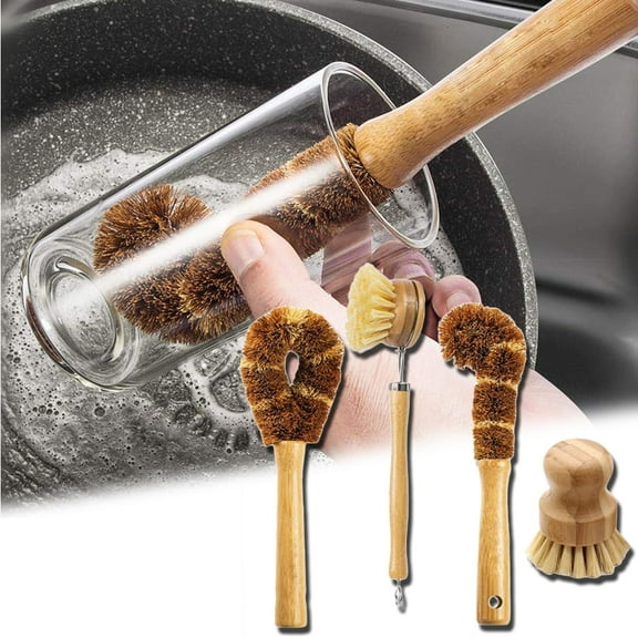 Cheers.US 4Pcs/Set Kitchen Cleaning Brush with Bamboo Handle for Dish Bottle Vegetable Pan Pot Cleaning,Sisal and Coconut Fibers Kitchen Brush for Dish Brush Pot Cleaning Brush
