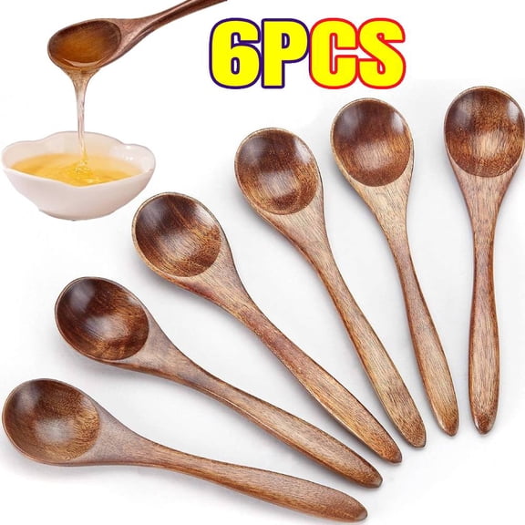 6 PACK Small Wooden Teaspoon, Serving Wooden Utensils For Cooking, Condiments, Honey, Spoons For Daily Use