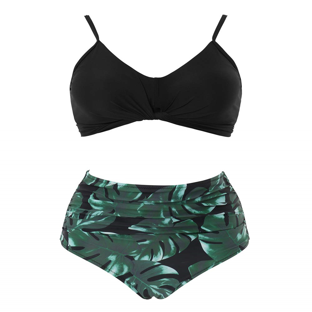 Women's Sexy Bikini Swimsuits, Women's High Waisted Bandage Bikini Set Wrap 2 Piece Push Up Swimsuits, Front Corss and Back Tie Knot (Black,Green Leaf,X-Large) - image 2 of 11