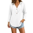 thumbnail image 2 of Women's V Neck Button Front Hoodie, Long Sleeve Drawstring Top, Casual Pullover Shirt for Spring Summer | CSEONE,White L, 2 of 9