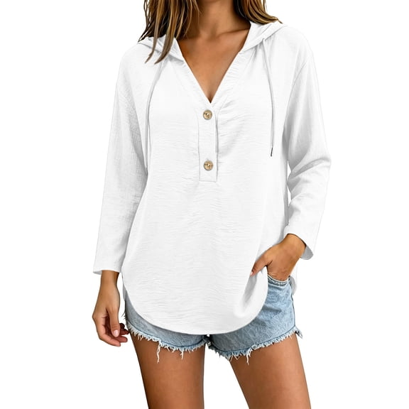 Oiangi Hoodie for Women Drawstring Long Sleeve Button V Neck Tops Casual Lightweight Fall Pullover Hooded White S