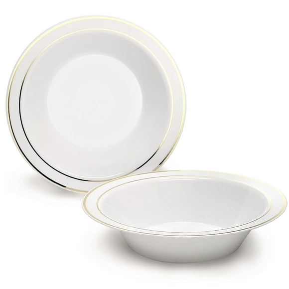 OCCASIONS Lot de 40 Assiettes, Bols en Plastique Jetables Lourds pour Mariage Fête (Bol à Soupe 14 oz, Bord Blanc et Or)