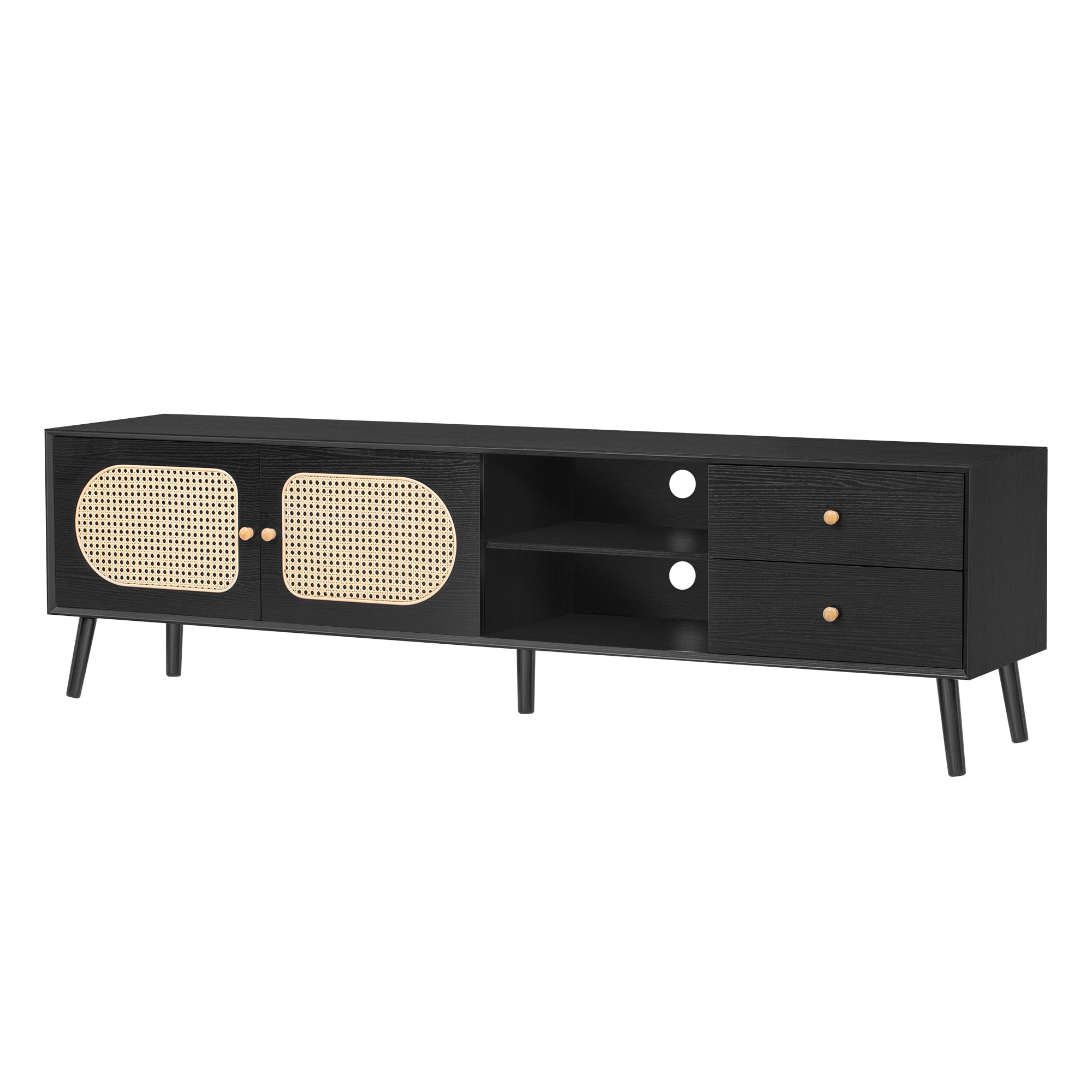 Paproos TV Stand for TVs Up to 80", Mid Century Modern Entertainment Center with Rattan Doors, 2 Drawers, TV Console Table with Open Shelf, Television Stand for Living Room, Bedroom, Black