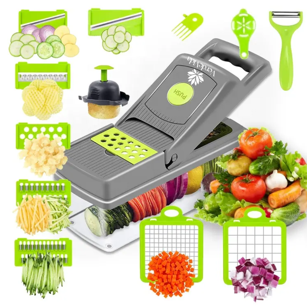 VerdeVida Vegetable Chopper, Food Chopper & Spiralizer, 15-in-1, 8 Stainless Steel Blades, Black
