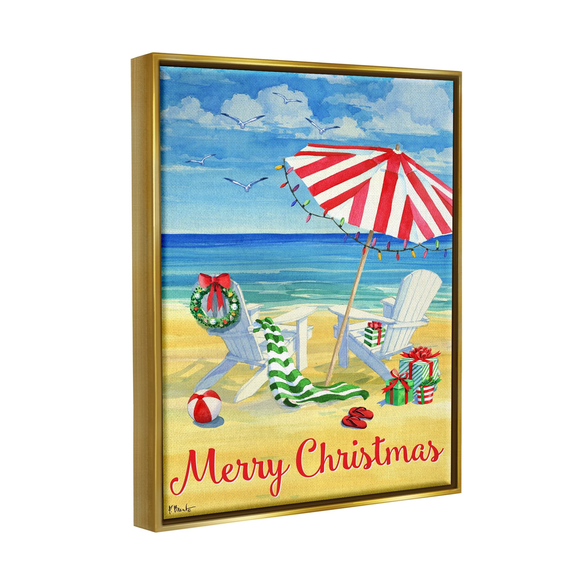 Stupell Industries Coastal Merry Christmas Holiday Painting Gold Floater Framed Art Print Wall Art, 25 x 31