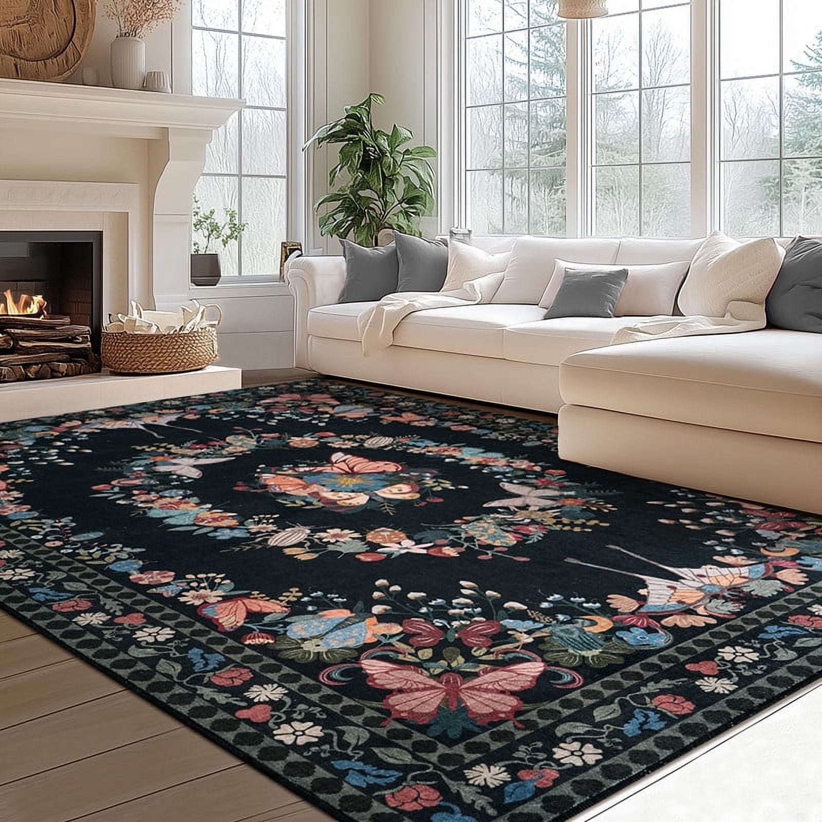 4x6 Butterfly Print Washable Black Area Rug for Living Room Bedroom Dining Room Office Nursery Non-Slip & Stain Resistant Modern Indoor Carpet, Soft Cozy Low Pile Throw Rugs with Rubber Backing