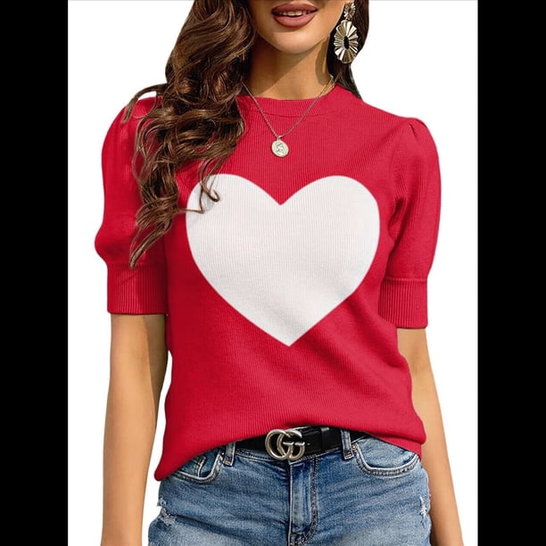 Suéter de Corta Abullonada para Mujer, Informal, de Verano, con Cuello Redondo, Blusa de Punto Acanalado. Rojo S