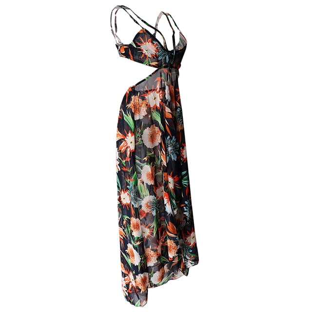 Vestido maxi de fiesta en la playa con correa de espagueti floral dividido para mujer L Naranja Negro L Hugo vestido largo