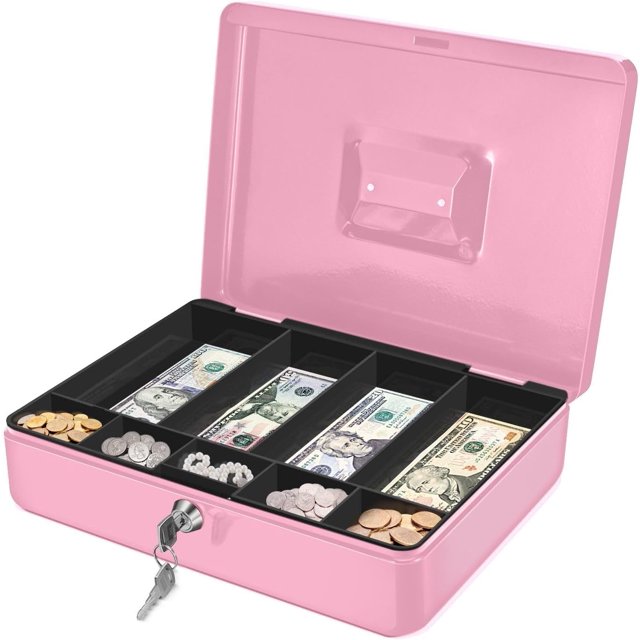Cash Box with Money Tray and Lock Metal Cash Box for Small Businesses Compartment Money Box with Removable Tray and Key Portable Storage for Checks and Coins
