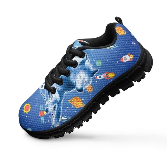 Chririnla Boys Wolf Sneakers Size 2.5 Big Kids Running Tennis Sneakers Fashion Blue Planet Print Slip on Mesh Athletic Sports Shoes Lightweight