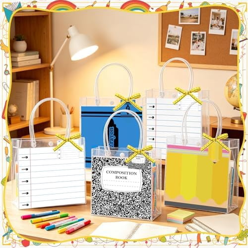 24 Pcs Teacher Appreciation Gift Bags, Teacher Gift Bags Bulk Double-Sided Clear PVC 4 Styles Gifts Bag with Handle Measuring Tape Ribbon Cards for Teachers Graduation End of Year Back to School Gif