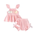 thumbnail image 2 of Huanglei Summer Baby Girls Outfit With Puff Sleeve Floral Top And Bow Tailored Shorts For Cute Everyday Wear Solid Color Outfits Set ,12-18 Months ,Red, 2 of 5