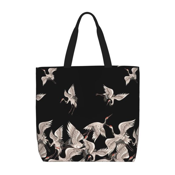 Fuzoiu Japanese White Crane Print Durable Tote Bag,Shoulder Bag with Zipper Closure,Casual Tote's Handbag,for Daily Use, Shopping, School, Work
