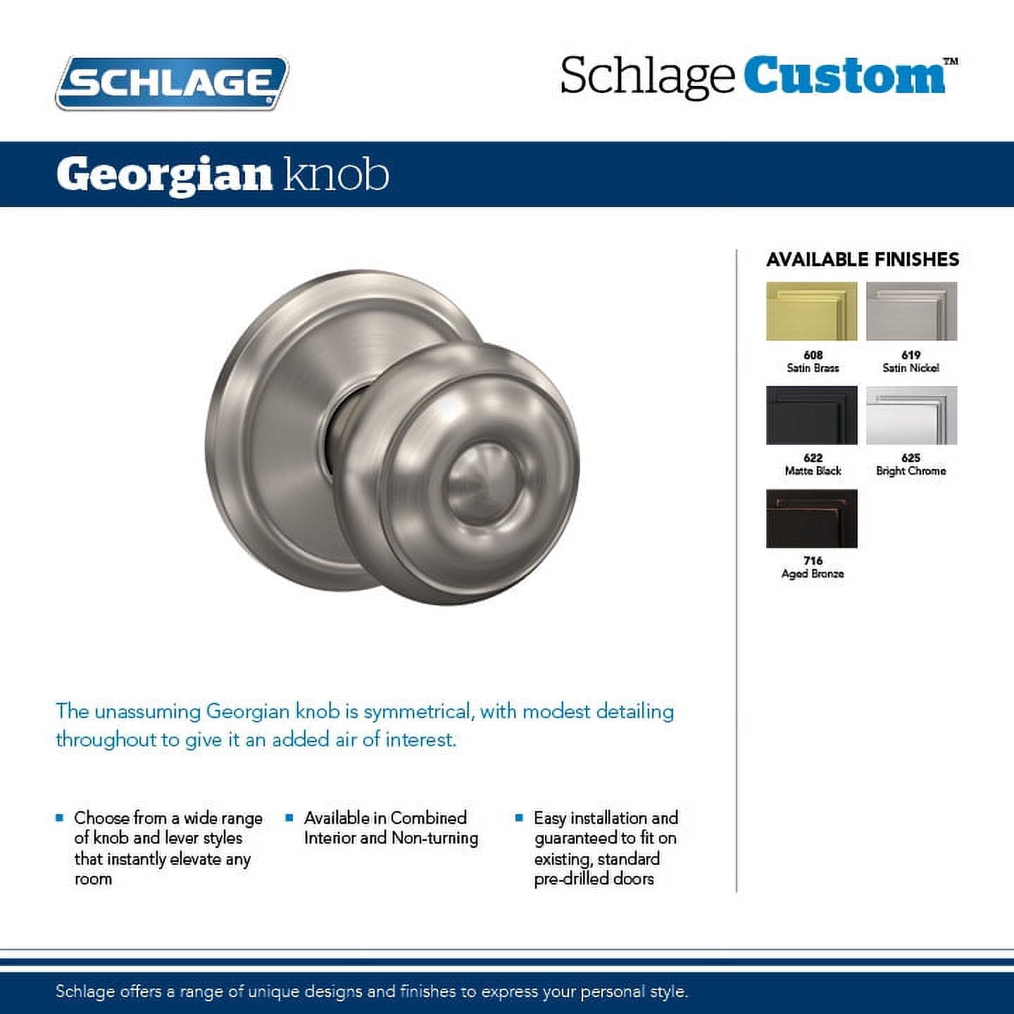 Schlage FC172GEO622COL Custom Georgian Non-Turning Two-Sided Dummy Door Knob Set - Black