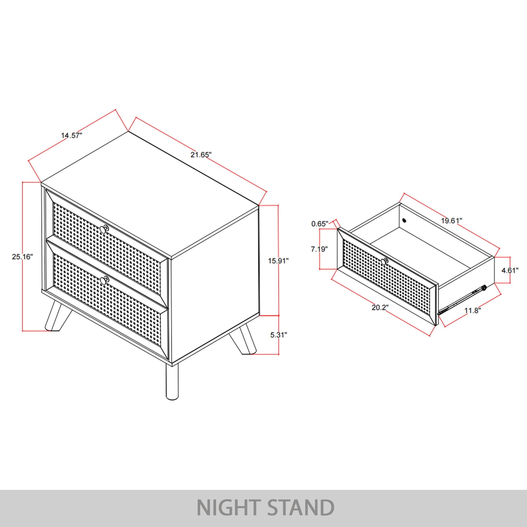 Castle Place Rattan 2 Drawers Wooden Nightstand, Black