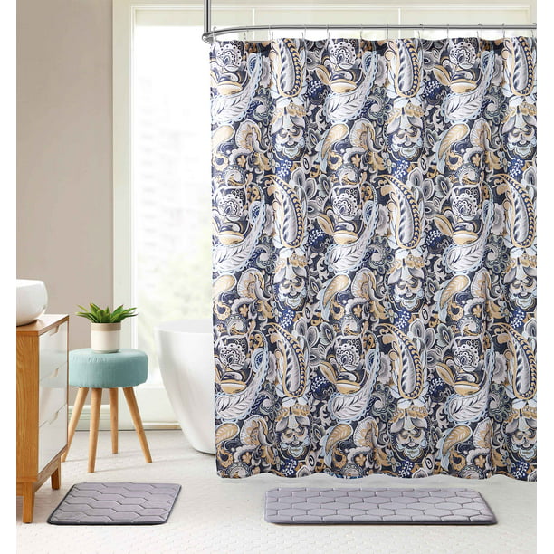 Elegant Navy Blue Beige Fabric Shower, Gray Blue Beige Shower Curtain