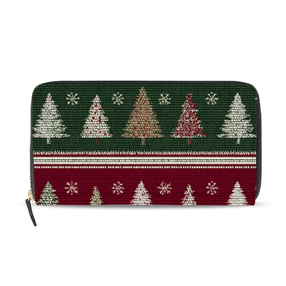 Christmas Tree Stripes Fabric Texture Women's Long Zipper Wallet Bifold Clutch Purse PU Leather Card Cases