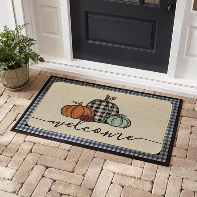 Tapis d'Entrée Décoratif de Style Ferme pour l'Action de Grâce d'Automne, Tapis de Sol Intérieur à Carreaux, Profil Bas, Tapis d'Entrée