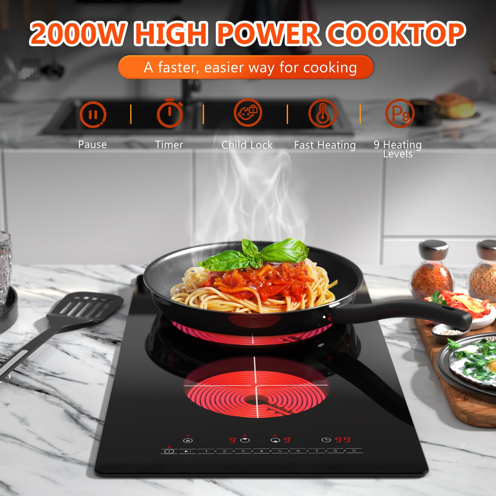 GRACEALL 2000W 12in Electric 2 Burner Cooktop, Infrared Cooktop With 2 Burners for Cooking, 120V Ceramic Glass Stove, Built-in or Countertop Compatible