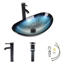 PULUOMIS Blue Oval Bowl Vessel Sinks and Faucet Combo with Mounting Ring and Pop up Drain