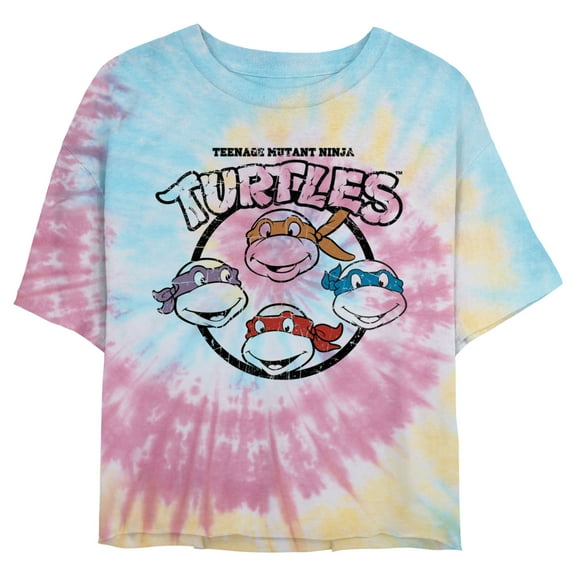 Juniors' Teenage Mutant Ninja Turtles Distressed Turtles Logo Graphic Cropped T-Shirt Blue/Pink/Light Yellow Small