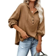 LACOZY Women V Neck Long Sleeve Henley Shirts Button Down Sweatshirts Hoodies Tunic Tops With Drawstring Khaki Large Size