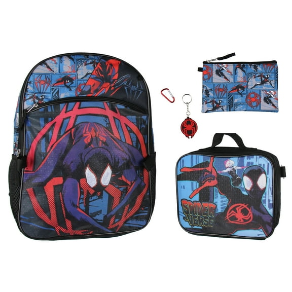 Spiderman Backpack Miles Morales Lunch Box Key Chain Pencil Case Carabiner 5 pc Set 16"