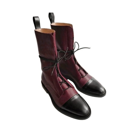 

Ritualay Women Riding Boots Faux Leather Boot Lace Up Winter Shoes Comfort Non Slip Outdoor Mid Calf Wine Red 8