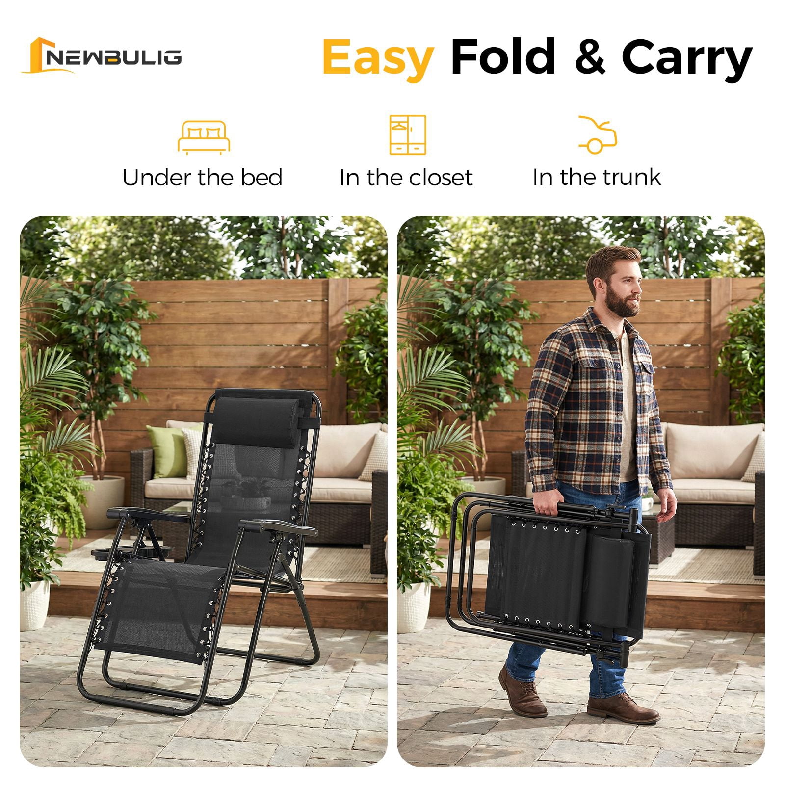 Folding Reclining Patio Chair with Detachable Tray, Adjustable 0-160° Backrest, Breathable Mesh, 300 lbs Capacity for Outdoor Camping Beach