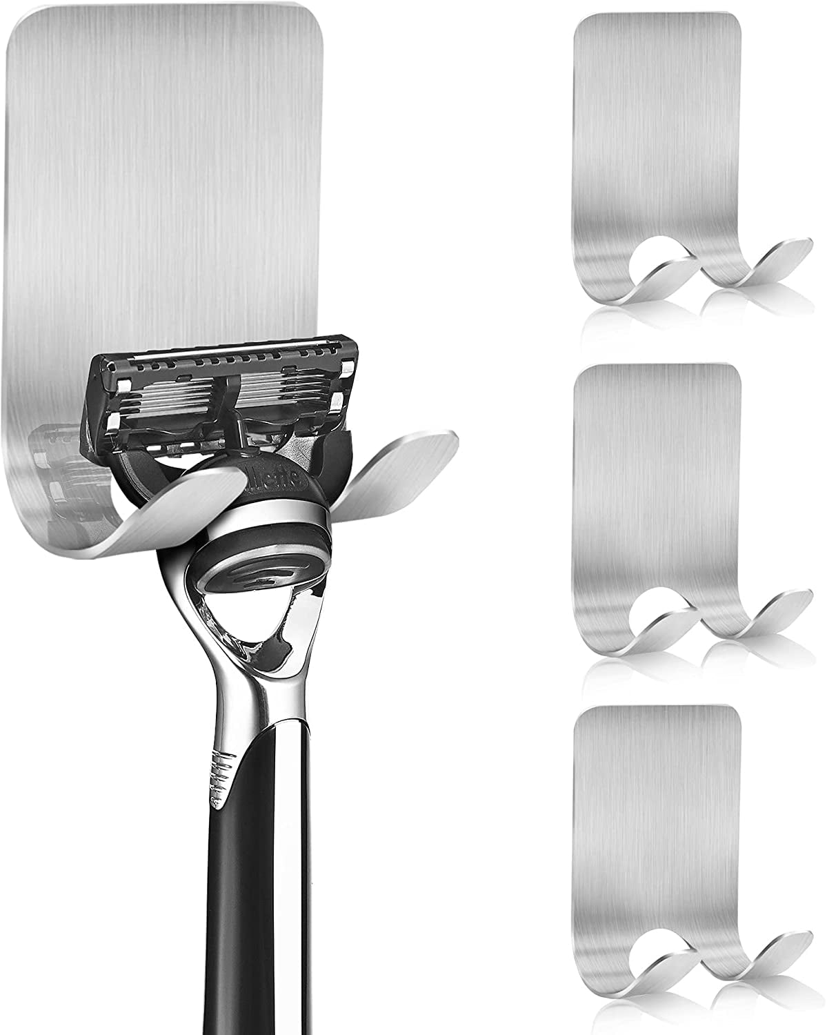 Razor Holder for Shower, 4 Pack Stainless Steel Razor Holder Hooks, Waterproof Self-adhesive Shaver Holder Hanger Hooks for Bathroom Kitchen to Organize Loofah Robe Towel Plug Coat