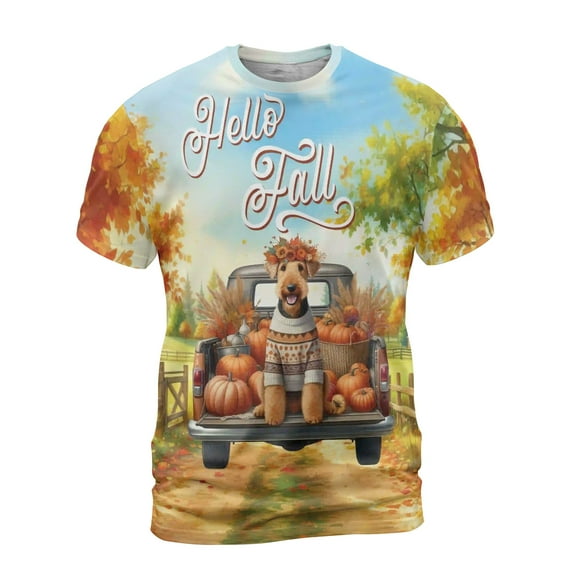Hello Fall Autumn Airedale Terrier Pumpkins Pickup Truck All Over Print 3D Shirt Unisex Merch Dale Waterside Dog Lover - 13011