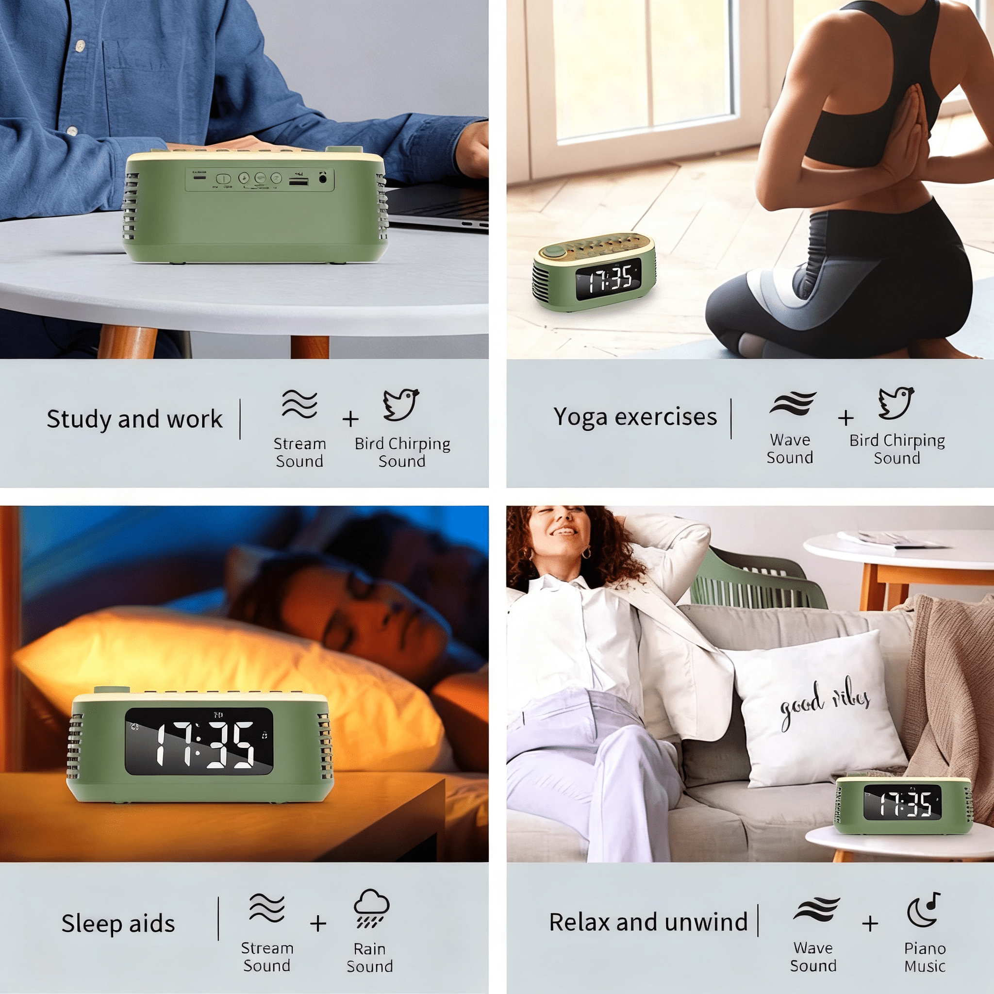 T13 White Noise Machine Bluetooth Speaker, Digital Alarm Clock Sleep Timer with LED Display RGB Night Light, Soothing Natural Sleeping Sound Machine for Baby, Kids, Adults, Bedrooms (Green)