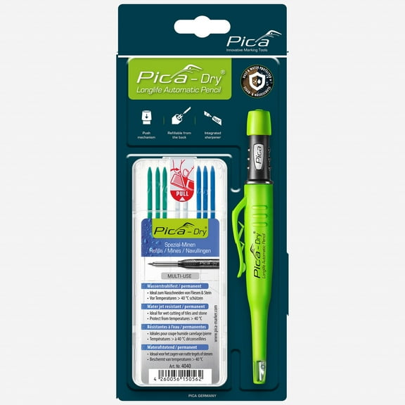 Pica DRY Automatic Pencil   Pica DRY Refill Set, Special (3 Blue, 2 White & 3 Green Leads)