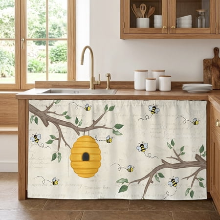 Cabinet Curtains 32 W x 55 L Bees Branches Sink Skirt for Bathroom Kitchen Self Adhesive Farmhouse Spring Botanical Elegant Desk Privacy Short Curtain for Closet Shelves Laundry Room