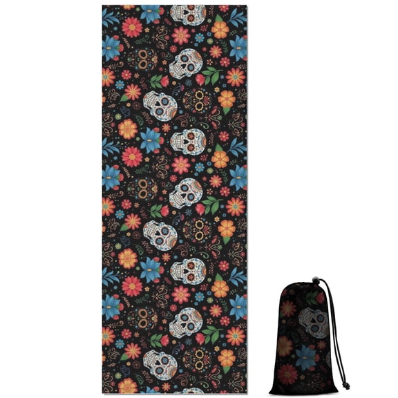 Black Flower Skull Pattern Hot Yoga Mat Towel Non Slip for Hot Yoga - Quick-Drying Yoga Mat Cover with 4 Corner Pockets with Travel Bag - Hot Yoga Towel Non Slip Grip Moisture Wicking Sweat 70"x26"