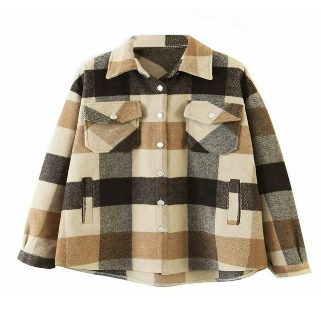 Womens Plaid Button Down Blouses Coat Thicken Jackets Cardigans Oversize Shirts S