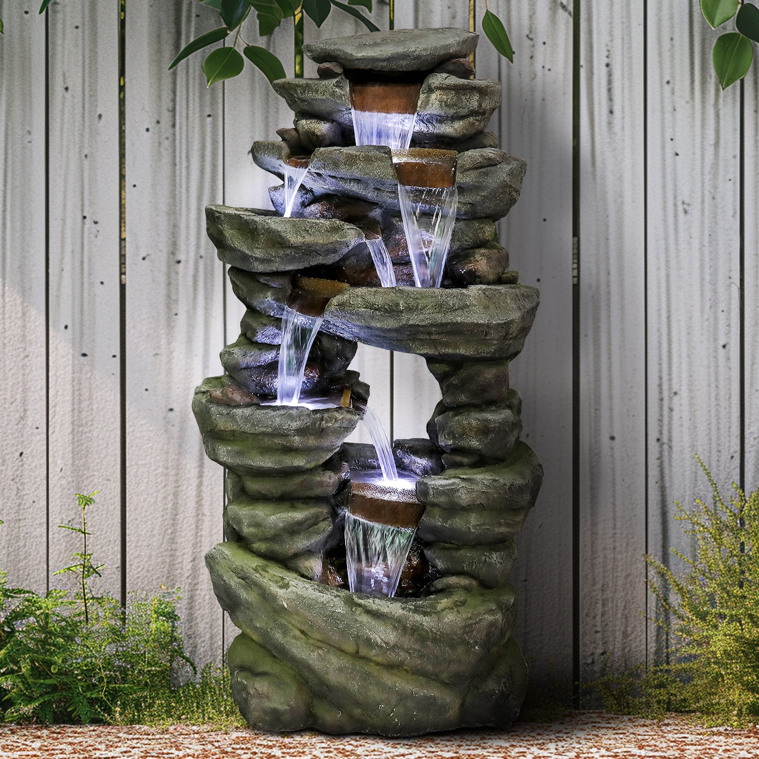 7-Tiers Rocks Outdoor Garden Water Fountain- 60" High Large Cascading Waterfall Floor Standing Water Features with LED Lights for Garden and Patio Decor
