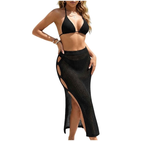 UTSJKR Women's Knit Beach 3 Pieces Bikini Set, Halter Tie Top with Hollow Out Split Maxi Cover Up Skirt, Holiday Resort Swimwear Black XL