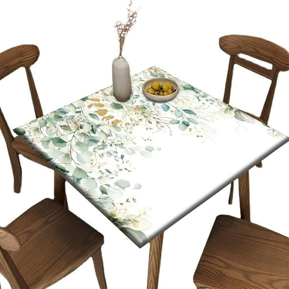 Sage Green Eucalyptus Elastic Fitted Tablecloth, Plant Leaves Wipeable Square Table Cover, for Indoor Holiday Family Banquet and Outdoor Patio Use, Fits to 36 x 36 in Table
