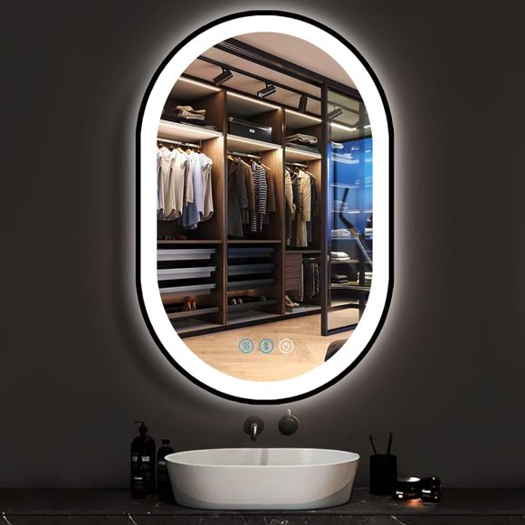 DIDIDADA 24 x 16 Inch Black Frame Bathroom LED Vanity Mirror With Lights, Oval Lighted for Wall, Anti-Fog, 3 Color Dimmable Smart Light Up Mirrors