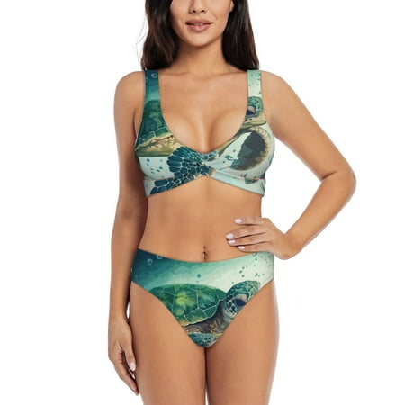 Zeuib Watercolor Turtle1 High Waisted Tummy Control Bikini Set - Knot Front Push Up Top & Cheeky Thong Bottom  Two-Piece Swimsuit for Women-X-Large