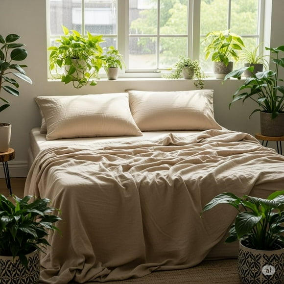 Q VITA Muslin Cotton Sheet Set, KING, 4-Piece Bedding for Adults – Beige Color, Enzyme Washed, 14" Deep Pocket, OEKO-TEX Certified, Designed in Canada