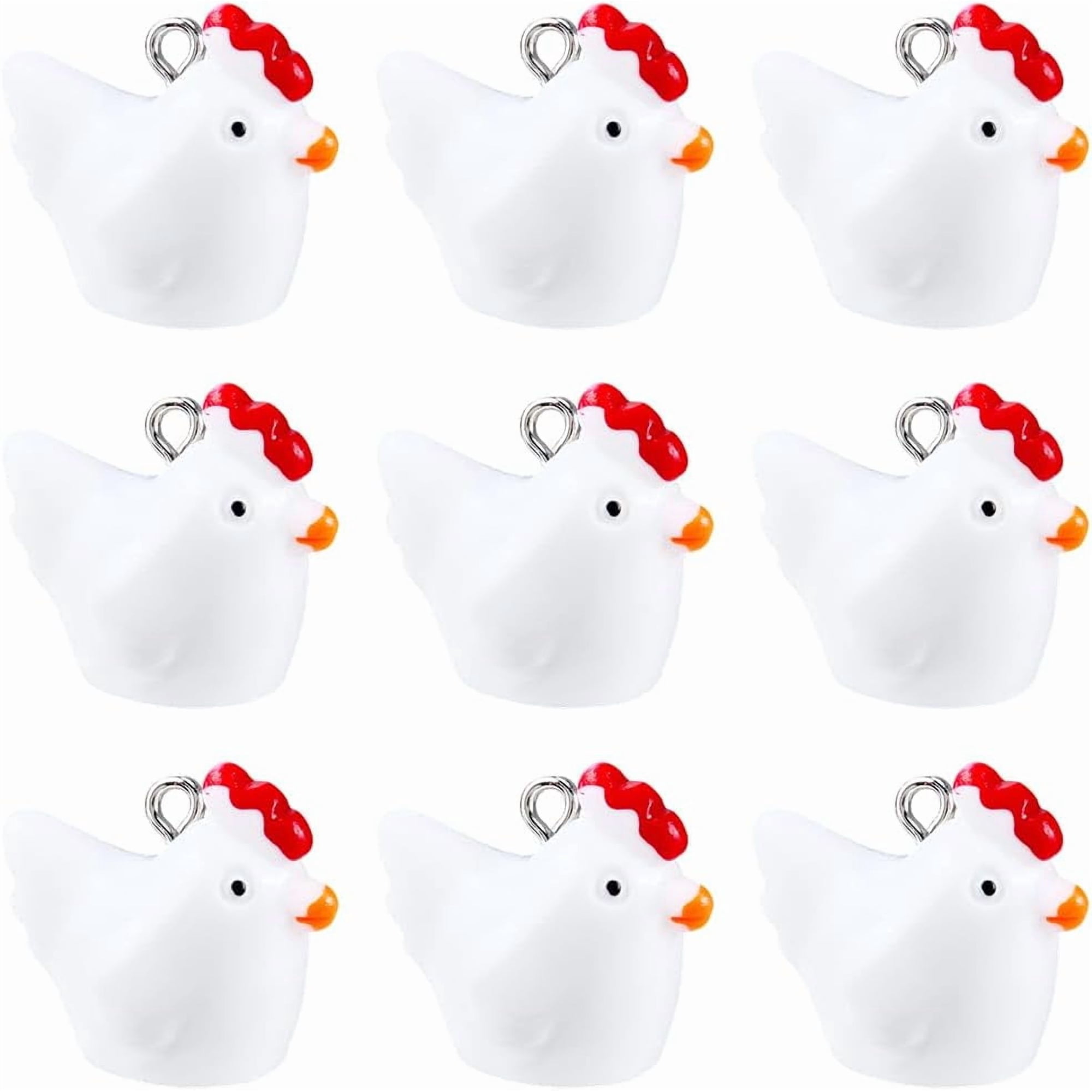 50Pcs Resin Chick Charms Mini Chicken Charms Bulk White 3D Farm Animal Poultry Hen Beads Pendants with Silver Iron Loop Craft Supply