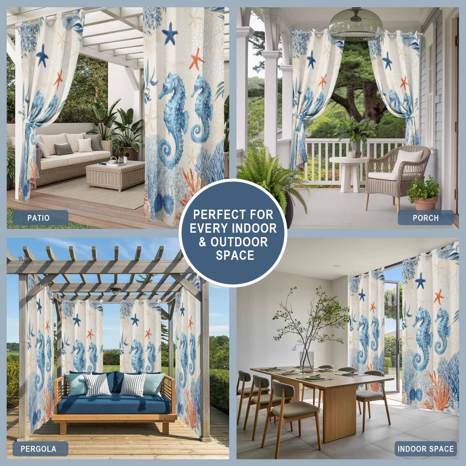 Sea Corals Seahorse Outdoor Curtains for Patio, Summer Beach Sea Stars Linen Texture Sunshade Privacy Drapes Grommet Waterproof Outside Curtains for Porch/Cabana/Balcony 54"x 108", 1 Panel