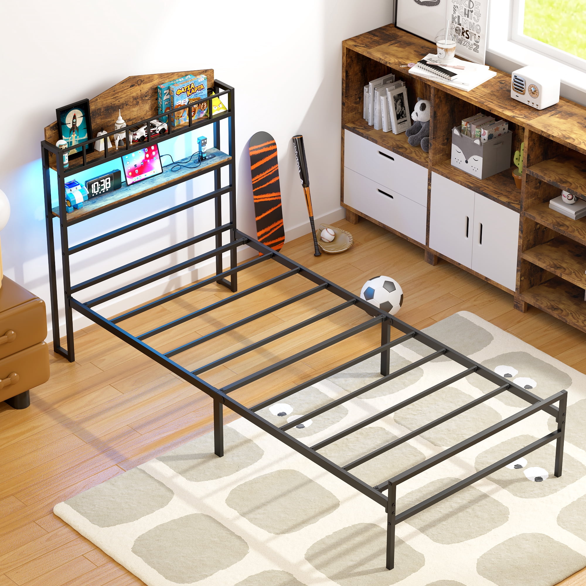 Yoneston Kids Twin Bed with 2 -Tier LED Storage Headboard & Charging Station, House-Shaped Platform Metal Bed Frame for Boys Girls Teens, Black