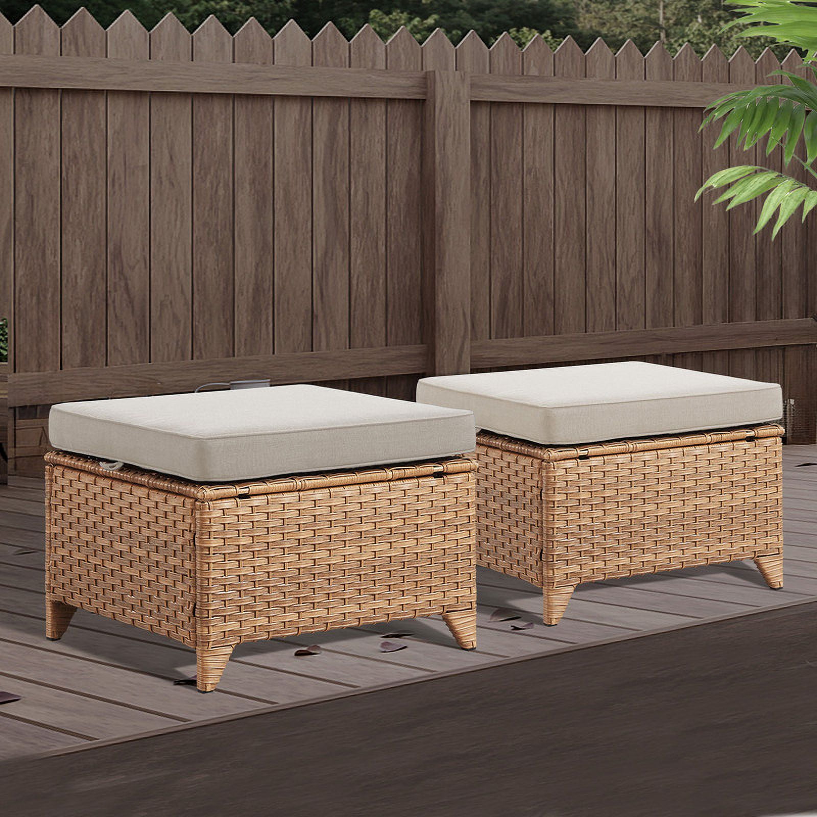PARKWELL 2PCS Outdoor Wicker Ottoman Patio Rattan Furniture Footrest Seat Square Footstool w/Beige Cushion