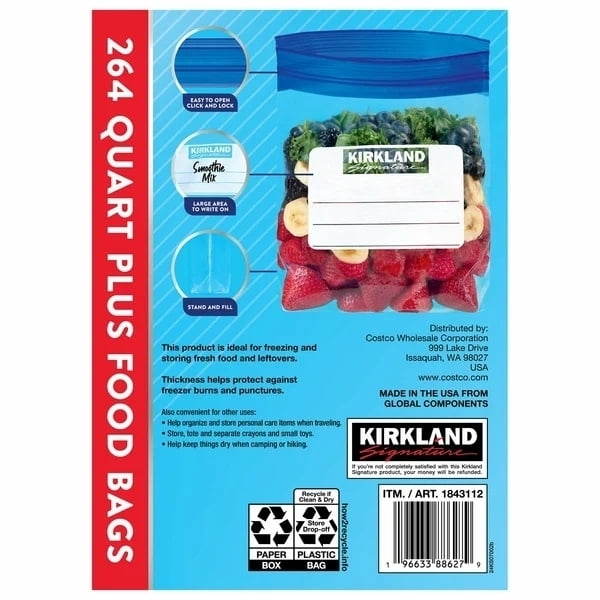 Kirkland Signature, Freezer Quart Food Bags, 264 Count, Double