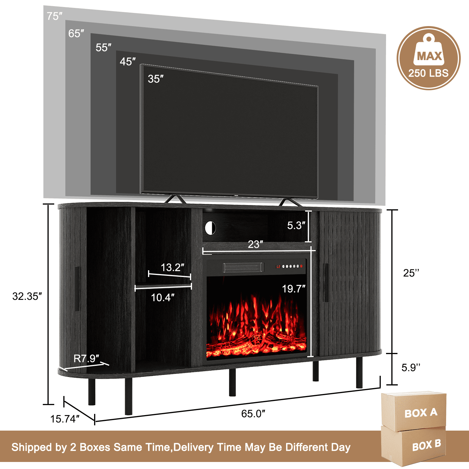 Flictozena 65’’ Modern Fluted TV Stand for TVs Up to 75’’ with 23’’ Electric Fireplace - Wooden Entertainment Center, Curved Design, Sliding Doors & Storage Shelf, Natural Oak